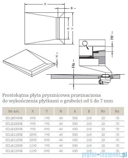 Radaway prostokątny brodzik podpłytkowy z odpływem liniowym Rain na krótszym boku 99x79cm 5DLB1008B,5R055R,5SL1