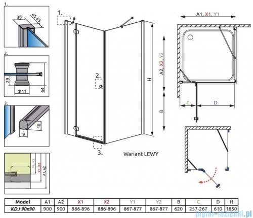 Radaway Torrenta Kdj kabina kwadratowa 90x90 lewa szkło grafitowe + Brodzik Delos C + Syfon 32202-01-05NL