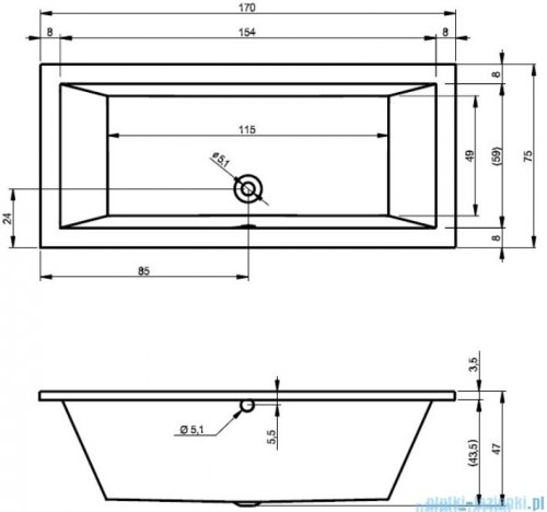 Riho Lusso 170x75cm wanna prostokątna z hydromasażem Relaks + nogi + syfon BA18-REL