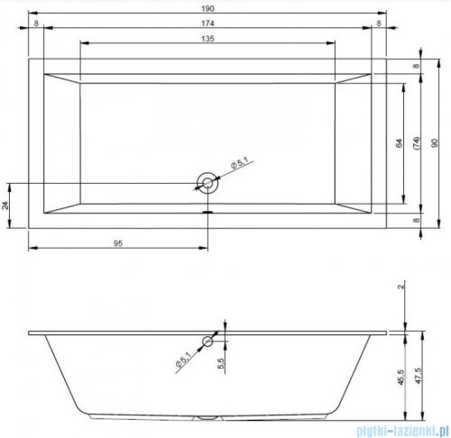 Riho Lugo 190x90cm wanna prostokątna z hydromasażem Pneumatic S2 prawa + nogi + syfon BT05-PNES2-P