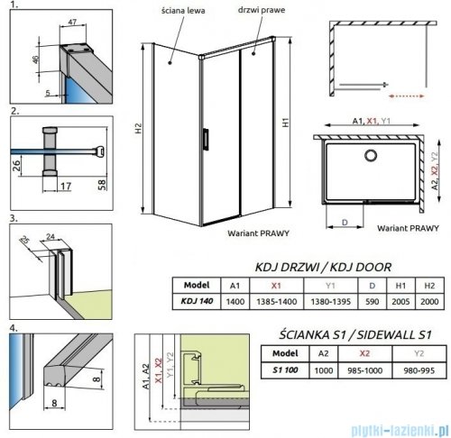 Radaway Idea Kdj Brushed GunMetal kabina 140x100cm prawa szczotkowany grafit 387044-92-01R/387052-92-01L