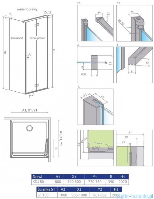 Radaway Essenza New KDJ-B kabina prysznicowa 80x100 prawa przejrzyste + brodzik Doros D + syfon 385081-01-01R/384052-01-01/SDRD1080-01