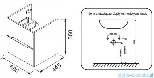 rysunek techniczny Oristo Silver szafka z umywalką 60x55x44cm biały połysk OR33-SD2S-60-1/UME-SI-60-92
