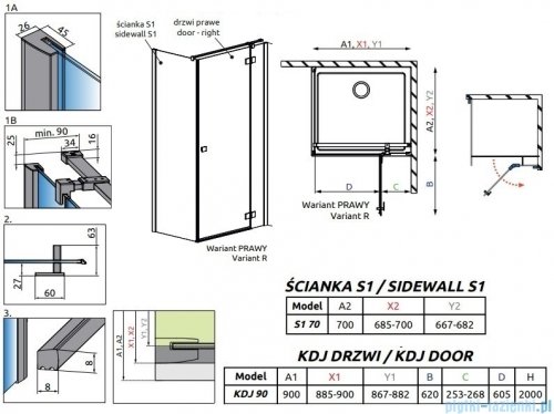 Radaway Essenza New Black Kdj kabina 90x70cm prawa szkło przejrzyste 385044-54-01R/384048-54-01