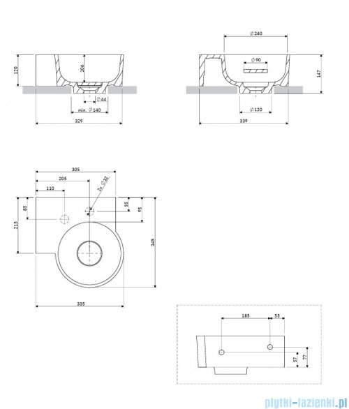Omnires Ovo M+ umywalka nablatowa/wisząca lewa 33x34 cm ash grey mat OVO335UWLAG