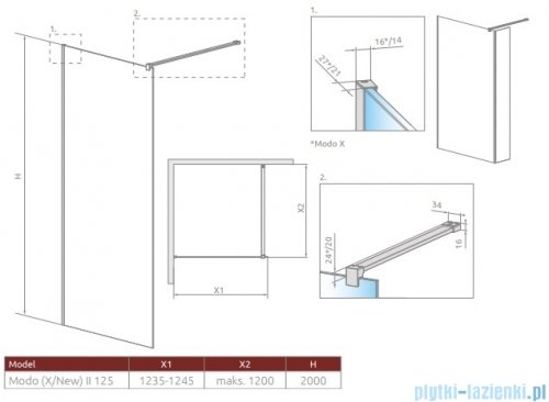 Radaway Modo X Black II kabina Walk-in 125x200 szkło przejrzyste 10mm 389325-54-01