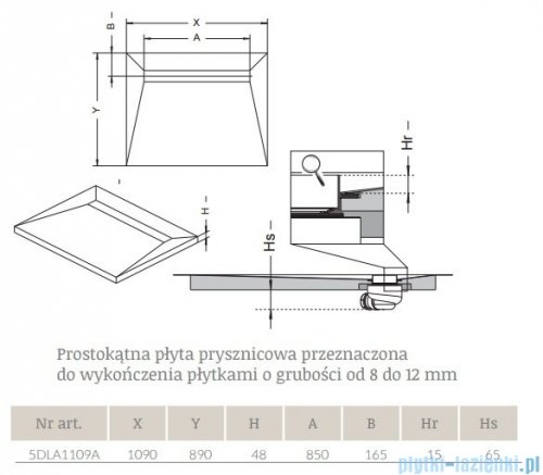 Radaway brodzik podpłytkowy z odpływem liniowym Steel na dłuższym boku 109x89cm 5DLA1109A,5R085S,5SL1