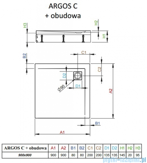 Radaway Brodzik kwadratowy Argos C 90x90x14,5 cm + nogi 4ACN99-02