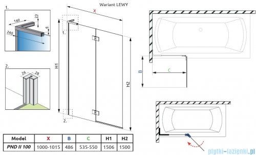 Radaway Essenza 8 SL Brushed Nickel PND II parawan nawannowy 100cm lewy szczotkowany nikiel/przejrzyste 10500100-91-01L