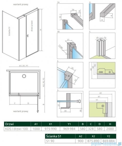 Radaway Nes 8 Kds I kabina 100x90cm prawa przejrzyste 10073100-01-01R/10073110-01-01/10089090-01-01