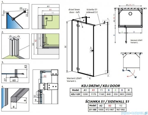 Radaway Essenza Brushed Gold Kdj+S kabina 100x120x100cm lewa szczotkowane złoto 1384052-01-01/1385024-99-01L/1384052-01-01