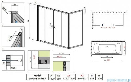 Radaway Vesta DWD+S Parawan nawannowy 140x65cm szkło przejrzyste 203140-01/204065-01
