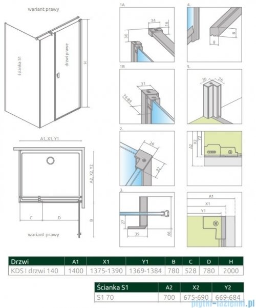 Radaway Nes 8 Black Kds I kabina 140x70cm prawa czarny mat/szkło przejrzyste 10073140-54-01R/10073114-54-01/10089070-01-01