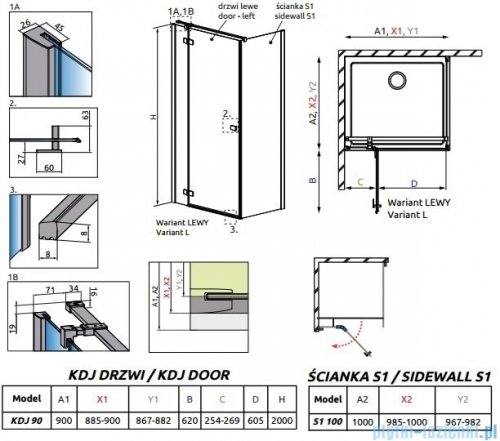 Radaway Essenza New Kdj kabina 90x100cm lewa szkło przejrzyste 385044-01-01L/384052-01-01