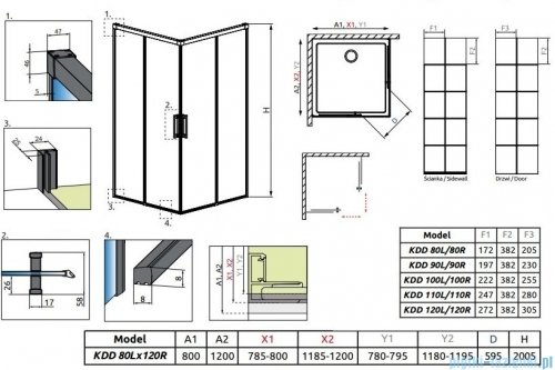 Radaway Idea Black Kdd Factory kabina prysznicowa 80x120cm czarny mat/szkło przejrzyste 387061-54-55L/387064-54-55R