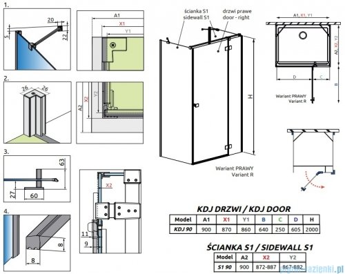 Radaway Essenza Brushed Nickel Kdj+S kabina 90x90x90cm prawa szczotkowany nikiel 1384050-01-01/1385020-91-01R/1384050-01-01