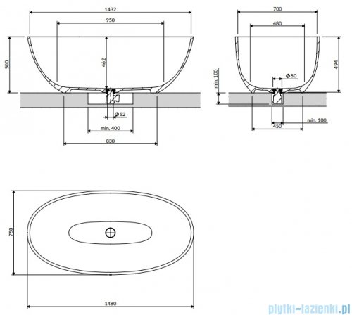 Omnires Shell M+ wanna wolnostojąca 148x75 cm ash grey SHELL148WWAG