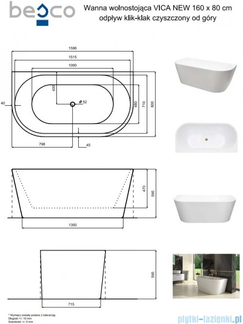 Besco Vica New wanna 160x80cm wolnostojąca przyścienna z odpływem klik-klak chrom #WAS-160VNO