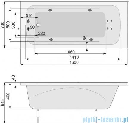 Poolspa Wanna prostokątna KLIO 160x70 + nogi PWP6610ZN000000