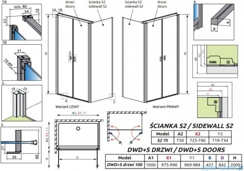 Radaway Nes 8 Black DWD+S kabina 100x75cm czarny mat/szkło przejrzyste 10081100-54-01/10080075-54-01
