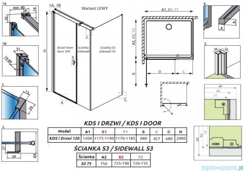 Radaway Nes Kds I Brushed GunMetal kabina 120x75cm lewa szczotkowany grafit 10023120-92-01L/10043075-92-01