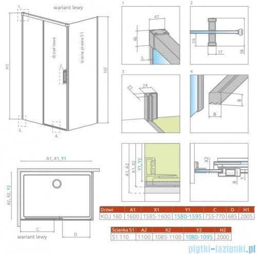Radaway Idea Kdj Brushed Copper kabina 160x110cm lewa szczotkowana miedź 387046-93-01L/387053-93-01R