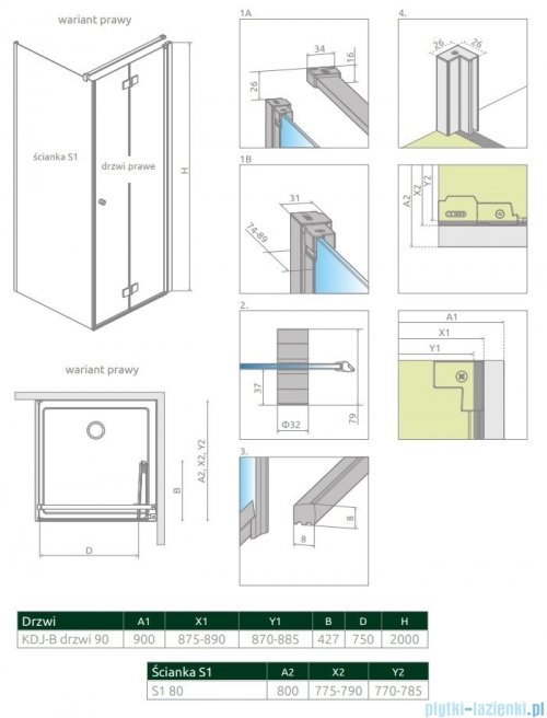 Radaway Nes KDJ B kabina 90x80 prawa przejrzyste 10025090-01-01R/10039080-01-01