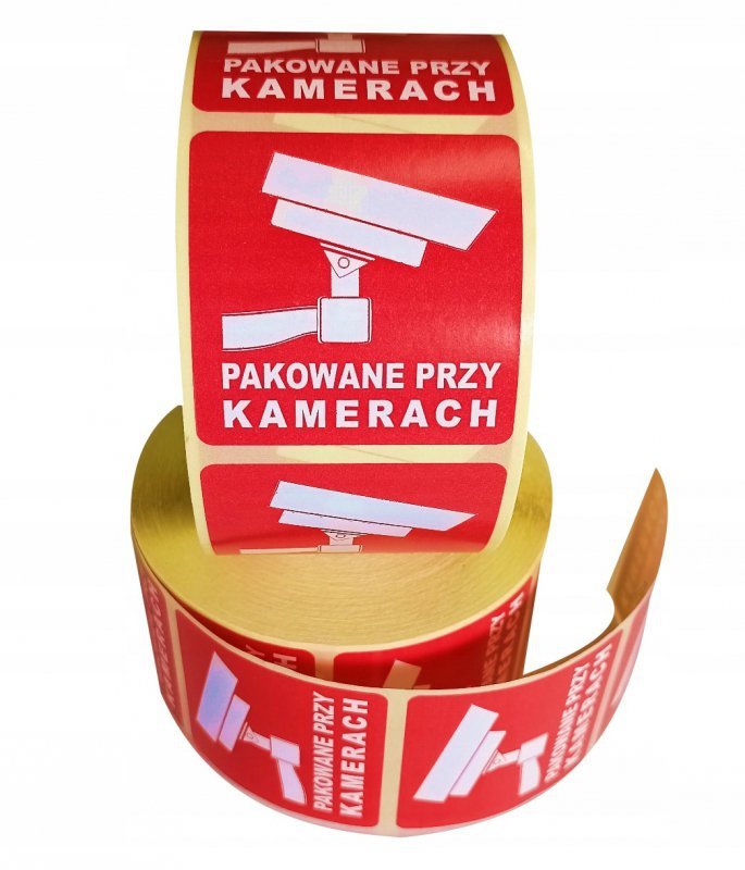 Etykieta ostrzegawcza &quot;PAKOWANE PRZY KAMERACH&quot; 55x55mm papierowa na roli (1000szt) BULK