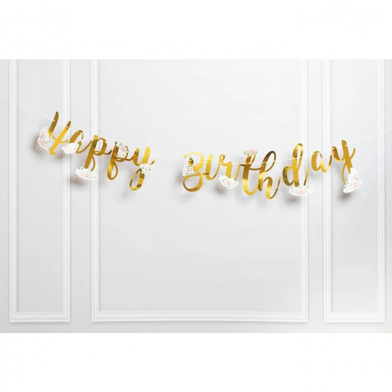 Baner urodzinowy złoty napis Happy Birthday z elementami kwiatów BF-984 GO PARTY