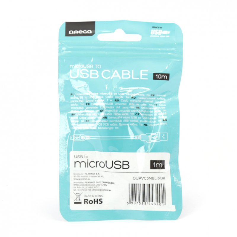 Kabel USB-A -&gt; microUSB 1m 2A niebieski OMEGA BAJA (44340)