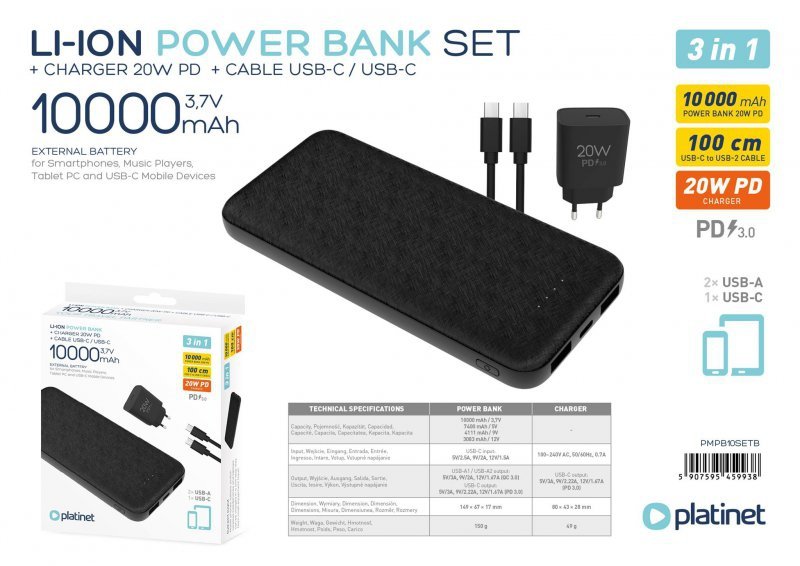 Powerbank 10000mAh + ładowarka sieciowa 230V USB-C 20W + kabel USB-C -&gt; USB-C 1m PLATINET czarny (45993)