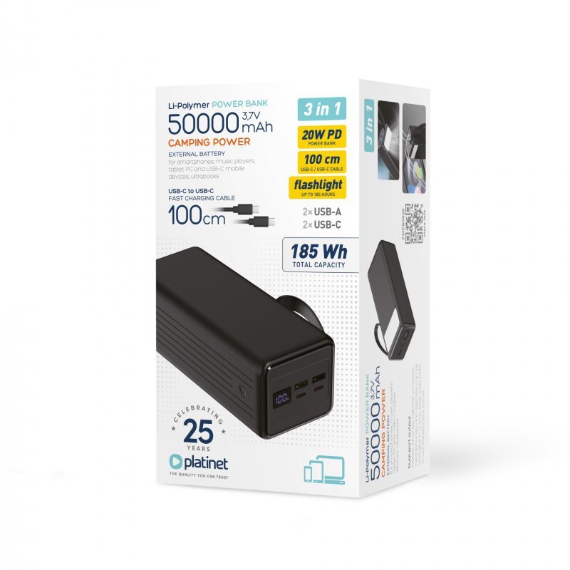 Powerbank 50000mAh 20W 2xUSB-A + 2xUSB-C + kabel USB-C -&gt; USB-C + latarka PLATINET (45872)