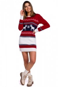 MXS03 Sukienka swetrowa z dwoma reniferami - czerwona