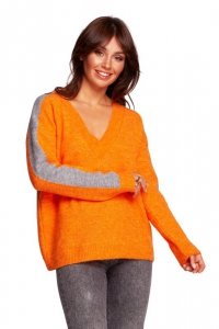 Be Knit BK093 Sweter w serek z kontrastowymi lampasami - jasnopomarańczowy