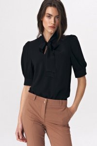 Nife Elegancka czarna bluzka z wiązaniem na dekolcie - B107