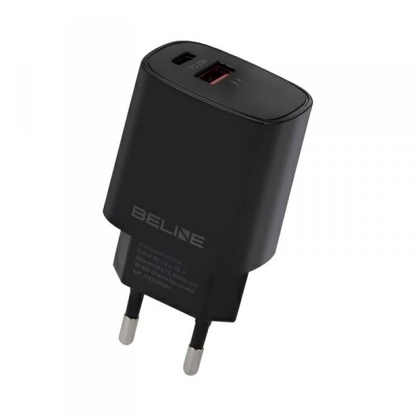 Ładowarka sieciowa Beline 20W 1xUSB-C + 1xUSB PD 3.0 QC 3.0 bez kabla - czarna