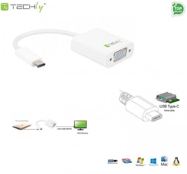 Adapter Techly USB31-VGA  USB-C 3.1 na VGA M/Ż, biały 0,15m IADAP