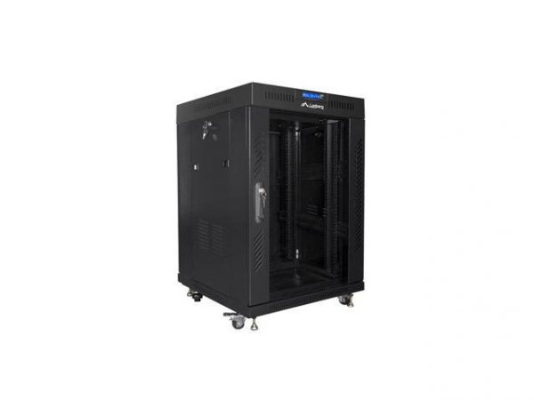 Szafa instalacyjna Rack stojąca 19&quot; 15U 600x600 czarna drzwi szklane LCD Lanberg (flat pack)