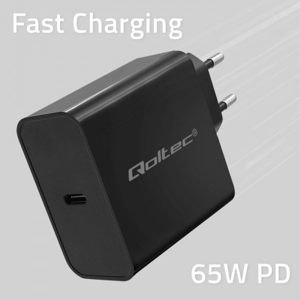 QOLTEC ŁADOWARKA SUPER QUICK PD | 1XUSB-C | 65W | 5-20V | 3-3.25A | CZARNA