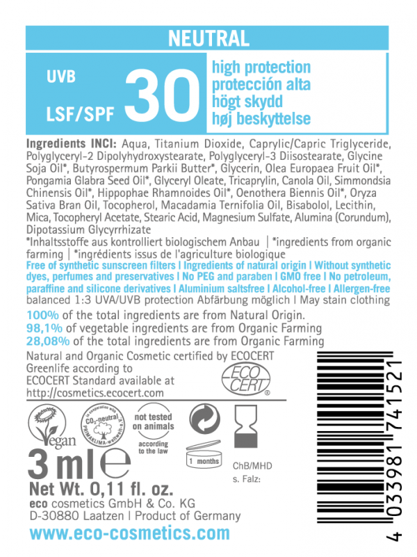 Eco Cosmetics Emulsja na słońce SPF 30 NEUTRAL - próbka 3 ml