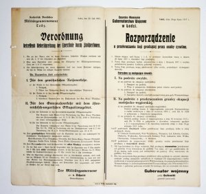 ROZPORZĄDZENIE o przekraczaniu linji grodzącej przez osoby cywilne. 1. Straże stojące nad Bzurą i t. d. w powiecie Łęczyckim tracą z dniem 25 lipca 1917 r. charakter linii grodzącej [...]. 3. Nową linję grodzącą mogą przekraczać tylko osoby, posiadające w