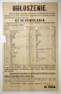 OGŁOSZENIE. Niniejszem, podaję do publicznej wiadomości, że c.k. Namiestnictwo we Lwowie [...] ustanowiło aż do odwołania w mieście Stryju maksymalną taryfę cen artykułów niezbędnych do codziennego utrzymania [...]. Ustanowienie taryfy maksymalnej, nie up