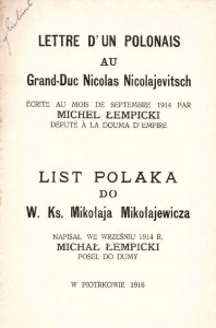 Łempicki Michał - List Polaka do W. Ks. Mikołaja Mikołajewicza. Napisał we wrześniu 1914 r. ..., poseł do Dumy.