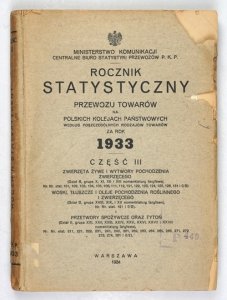 ROCZNIK statystyczny przewozu towarów na Polskich Kolejach Państwowych za rok 1933. Cz. 3: Zwierzęta żywe i wytwory pochodzenia zwierzęcego [...] Woski, tłuszcze i oleje pochodzenia roślinnego i zwierzęcego [...] Przetwory spożywcze oraz tytoń [...]