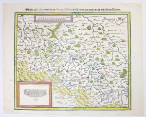 [ŚLĄSK]. Schlesia nach aller gelegenheit in Stetten, Wässern und Bergen mit sampt andern anstossenden Ländern. Drzeworyt kolorowany form. 30,7x36,5 na ark. 35,4x44 cm