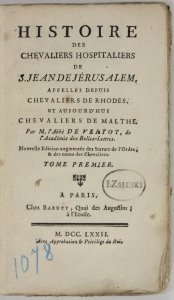 VERTOT [René Aubert] de - Histoire des Chevaliers Hospitaliers de S. Jean de Jérusalem, appellés depuis Chevalier de Rhodes, et aujourd'hui Chevalliers de Malthe. Par M. l'Abbé ... Nouvelle Edition augumentée des Statuts de l'Ordre...[Komplet siedmiotomow