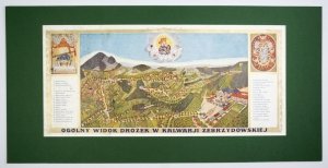 [KALWARIA Zebrzydowska]. Ogólny widok dróżek w Kalwarji Zebrzydowskiej. Panorama sanktuarium kalwaryjskiego wydana zapewne w latach 30. XX w. przez Józefa Cebulskiego w Krakowie.