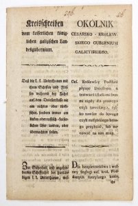 OKÓLNIK cesarsko-królewskiego Gubernium Galicyiskiego. Ces. Królewscy Poddani płynąc Dniestrem z tratwami i statkami swemi nigdy do prawego czyli tureckiego, tylko zawsze do lewego czyli rossyiskiego brzegu przybiiać, lub nocować na nim maią [...].