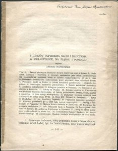 Wojtkowski Andrzej - Z dziejów popierania nauki i nauczania w Wielkopolsce, na Śląsku i Pomorzu. Napisał... [Nauka Polska, t.6]