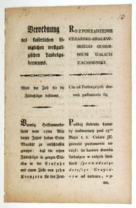 ROZPORZĄDZENIE cesarsko-królewskiego Gubernium Galicyi Zachodniey. Cło od Farbuiących drewek postanawia się [...].